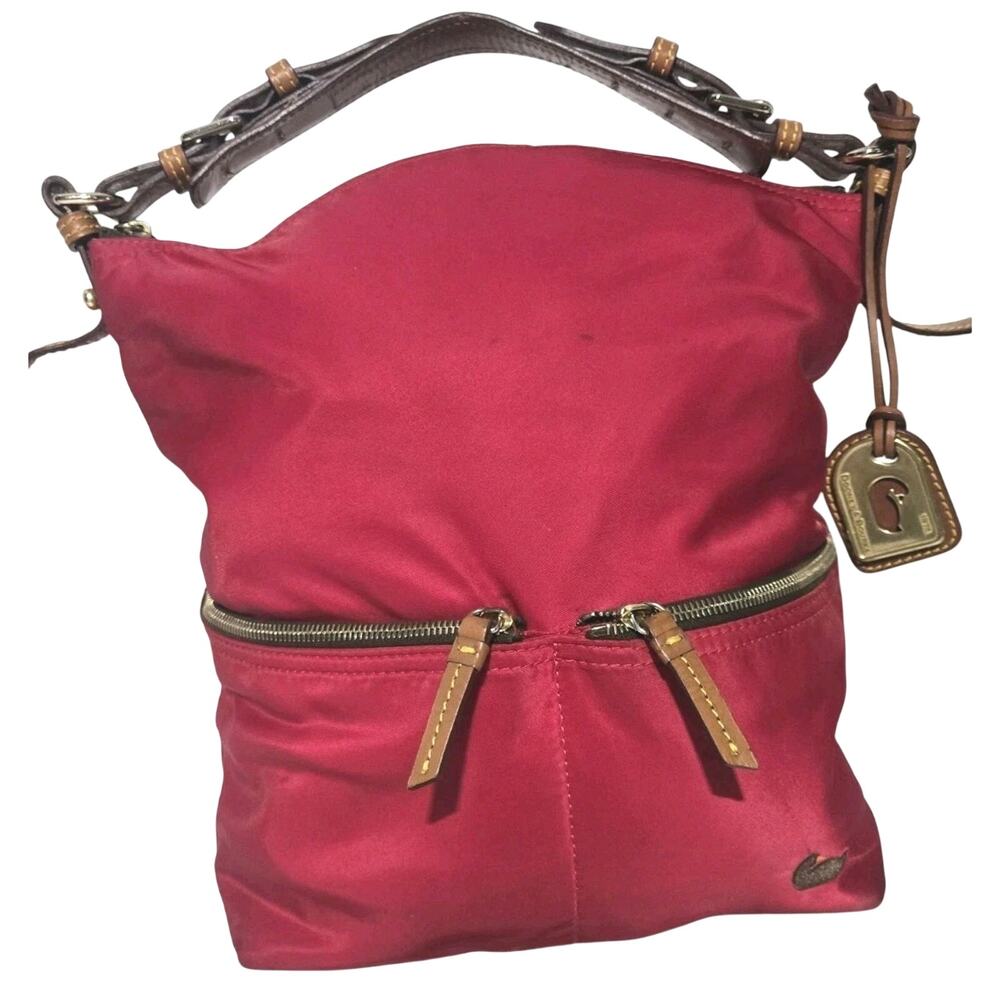 Dooney & Bourke Large Red Nylon Leather Trim Hobo Shoulder Bag Pink Lining 14"